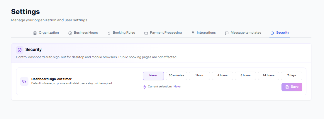 Security settings page